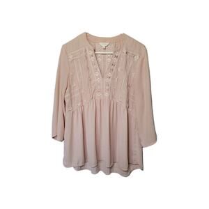 Adiva Babydoll Boho Peasant Blouse Top Womens Sz L Bohemian Y2k Pink Embroidered